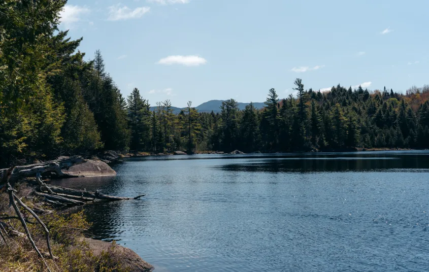 A view over a small pond of the distance mountains