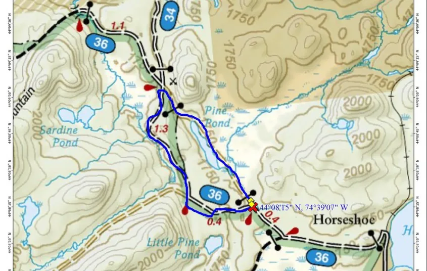 A map with hiking trails and roads