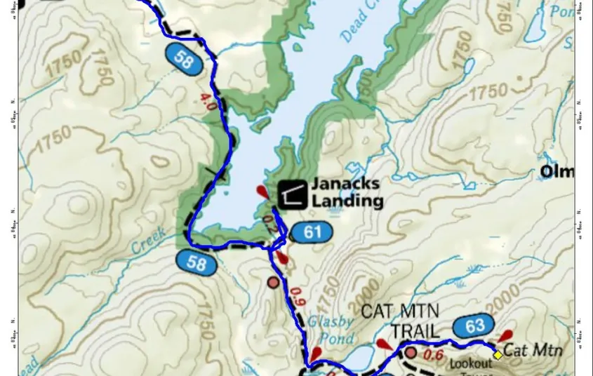 A map showing Cranberry Lake and the hike to Cat Mountain.