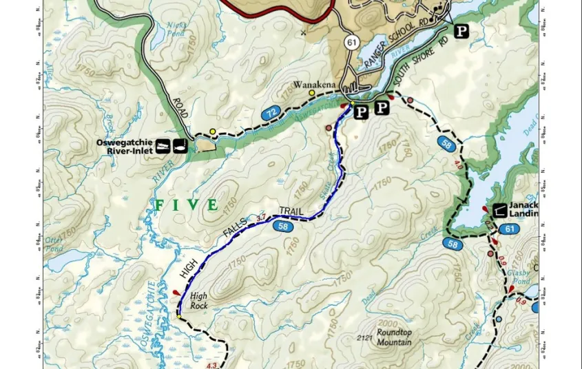A map of several hiking trails in the Five Ponds Wilderness Area.