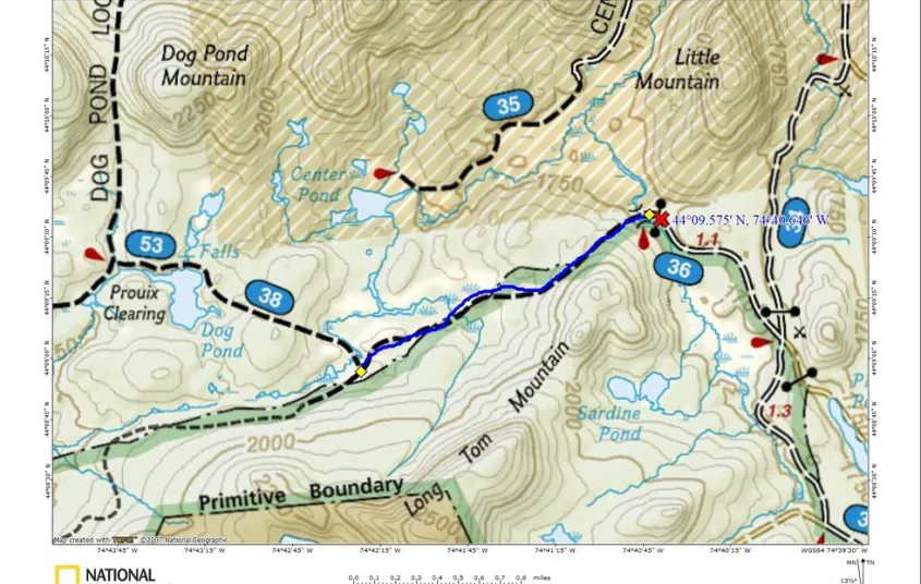 A map showing the path to the end of the Sucker Brook Road trail.