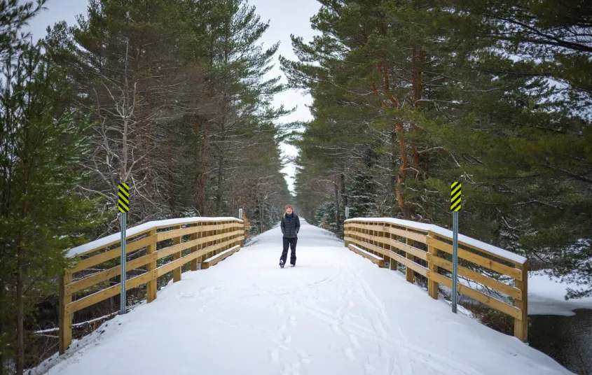A person walking on the Rail Trail in the winter