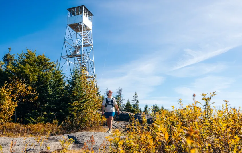 The view of a hiker in front of a fire tower