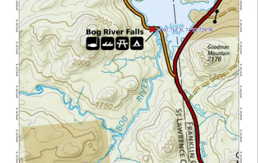 A map of two main roads and a large body of water