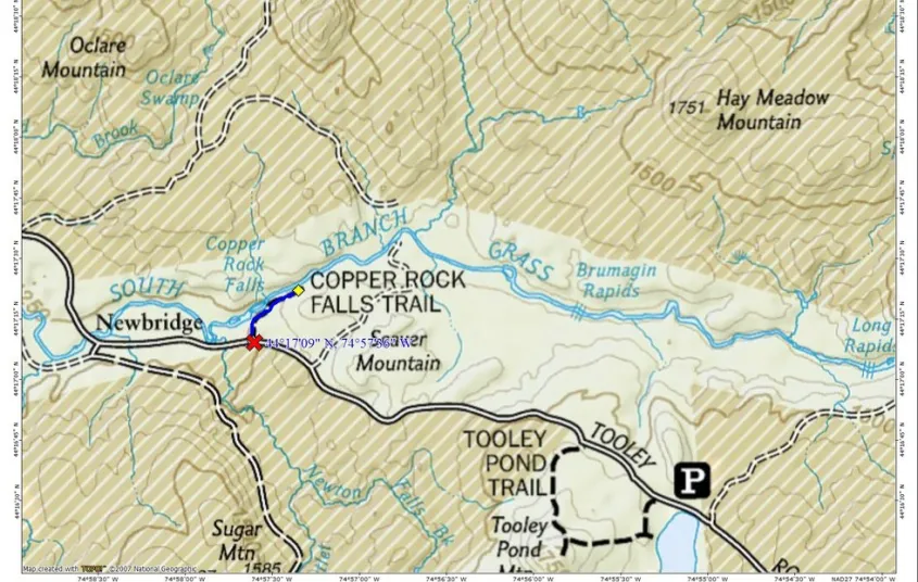 A map with rivers and roads and a couple hiking trails