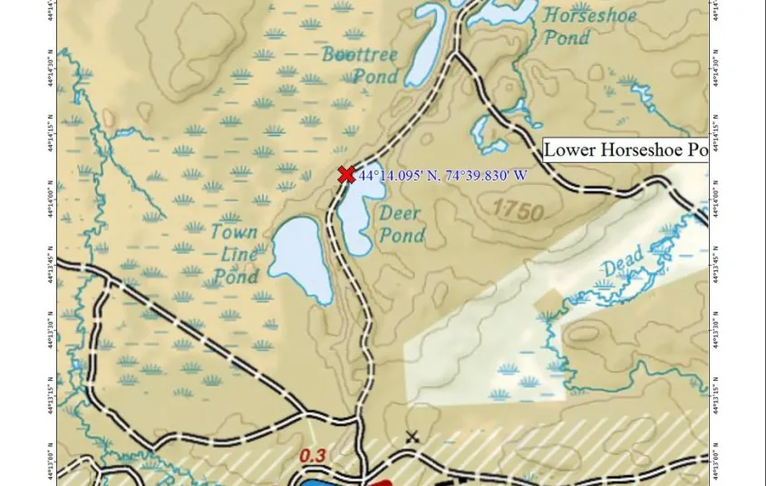 A map with some roads and ponds