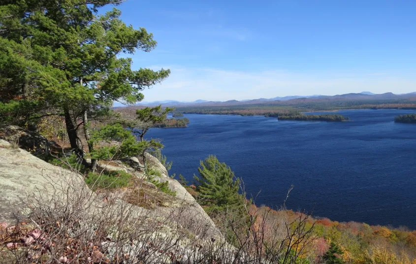 A summer view of Lake Lila from a rocky outcrop with pines.