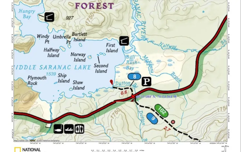 A map showing a trail to a beach