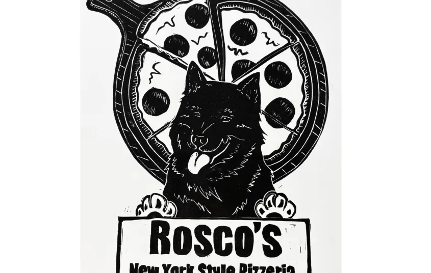 An illustration of a black fluffy dog in front of a pizza on a pizza paddle