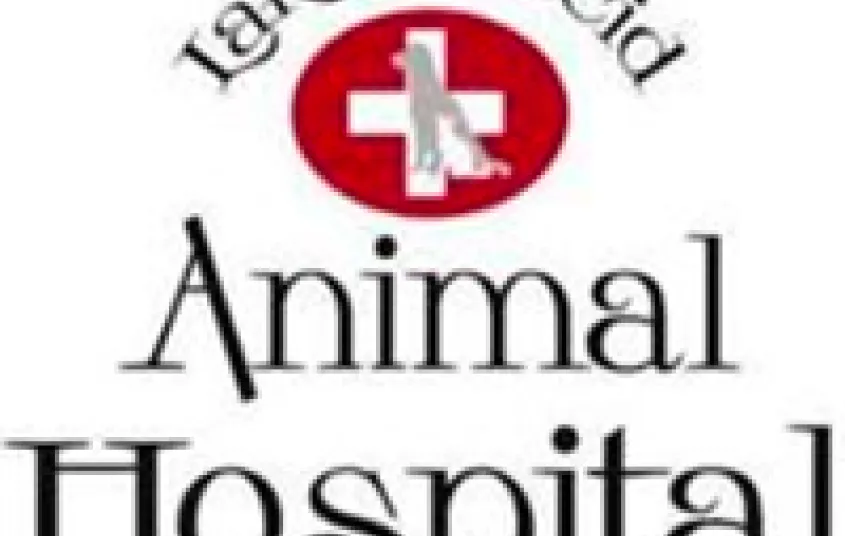 Lake Placid Animal Hospital logo of red circle with white cross and grey dog silhouette in center.