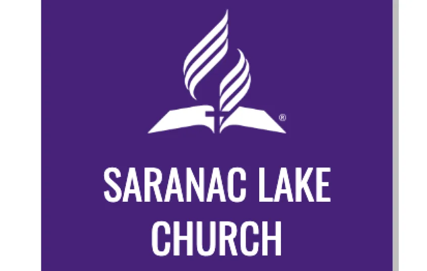Logo for Saranac Lake Church with blue background and white lettering and an open book with flag rising from it