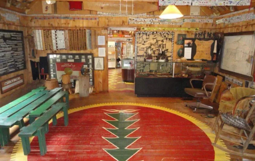 Welcoming space with artful design on the floor.