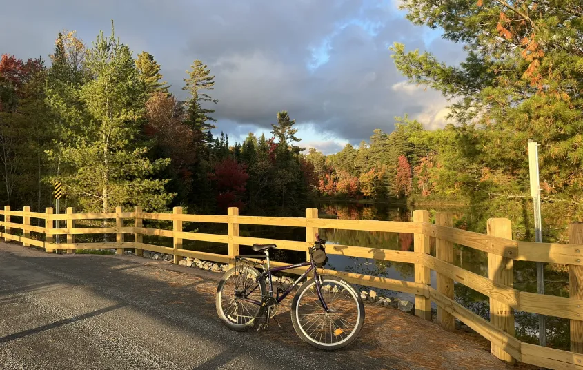 A bike on the rail trail by a pond.