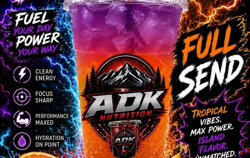 A layered purple and orange colored liquid in a clear cup with ice labeled Full Send offered at JET ADK Nutrition
