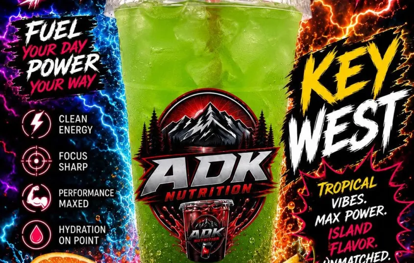 A green liquid in a clear cup with ice labeled Key West offered at JET ADK Nutrition