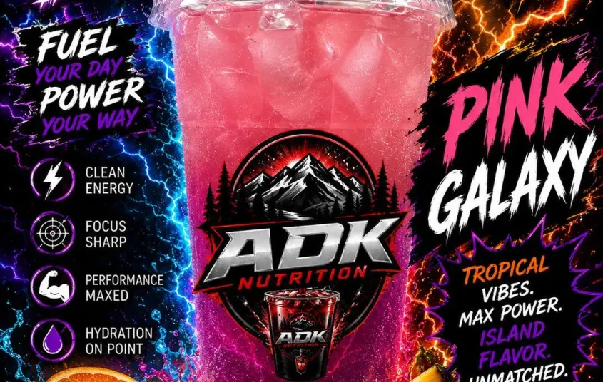 A pink liquid in a clear cup with ice labeled Pink Galaxy offered at JET ADK Nutrition