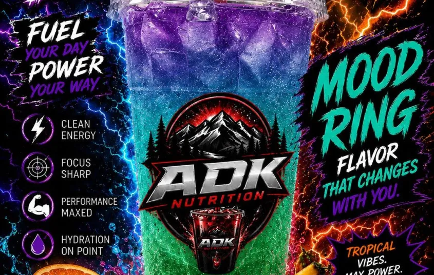 A layered multi colored liquid in a clear cup with ice labeled Mood Ring offered at JET ADK Nutrition
