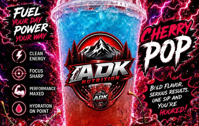 A layered blue and red colored liquid in a clear cup with ice labeled Cherry Pop offered at JET ADK Nutrition