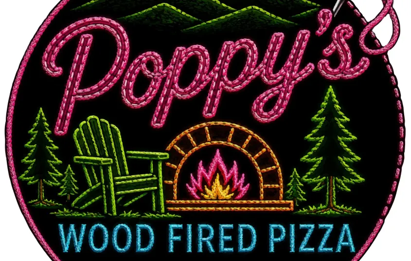 A logo to look like a patch with stitched letters for Poppy's Wood Fired Pizza Tupper Lake with a pizza oven in the center.