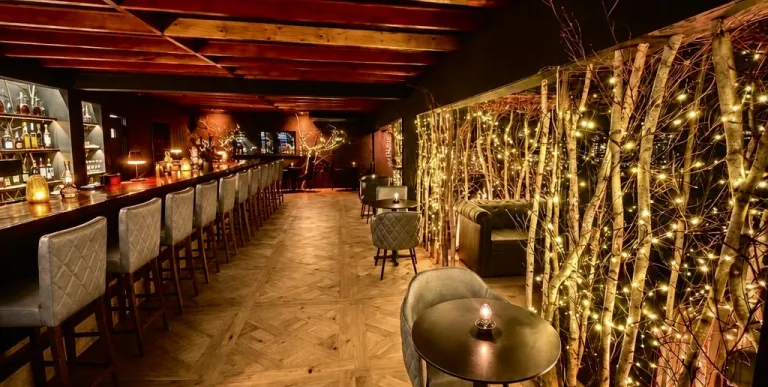 Leather chairs and warm wood at the bistro tables and couches as booths between white birch and twinkle lights.