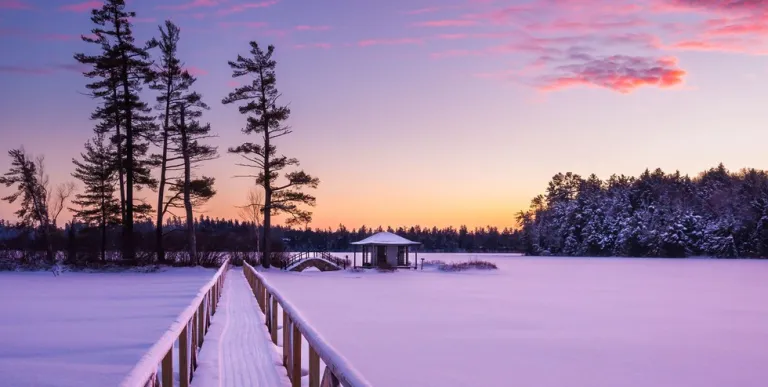 The tea house and surrounding view blanketed in snow.