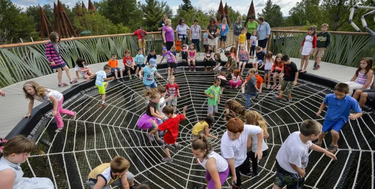 People crossing a suspended metal walkway between large wooden structures at The Wild Center in Tupper Lake NY 
