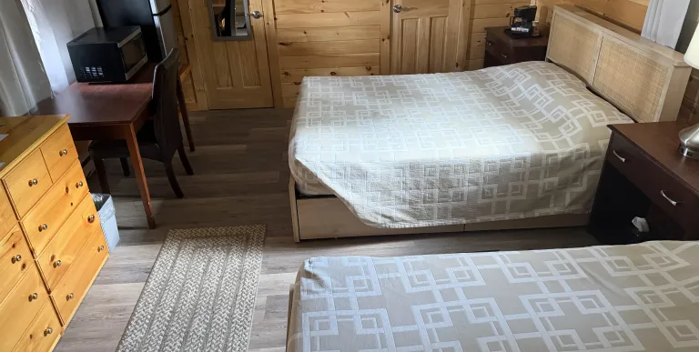 Two queen size beds in a room with a fridge