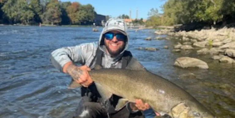 A man in waders holds a huge salmon.