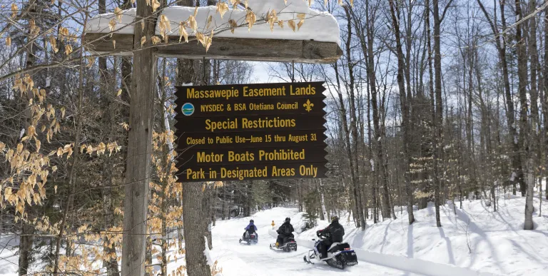 A sign for Massawepie Mire in the winter