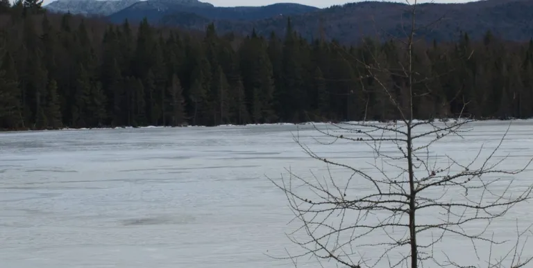 An ice covered pond with mountains in the background