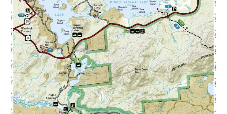 A map showing a few large ponds