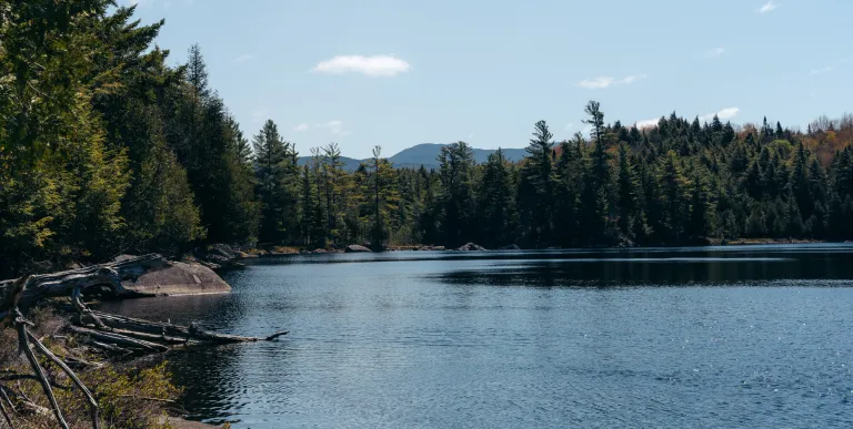 A view over a small pond of the distance mountains