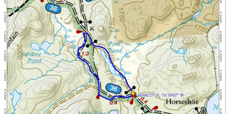 A map with hiking trails and roads