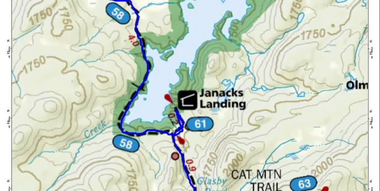 A map showing Cranberry Lake and the hike to Cat Mountain.