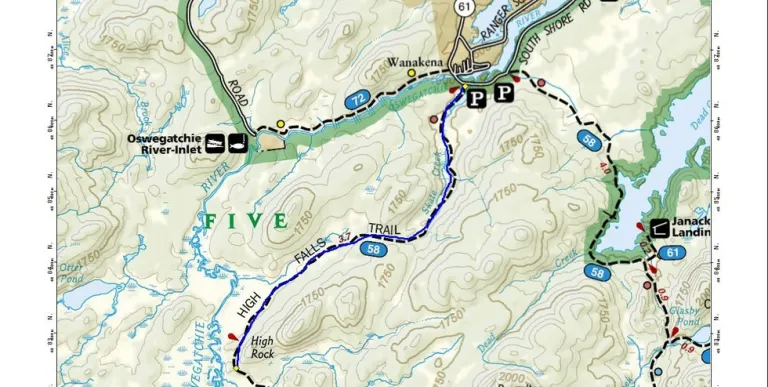 A map of several hiking trails in the Five Ponds Wilderness Area.