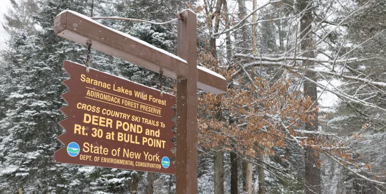 A wooden sign for Deer Pond in the winter