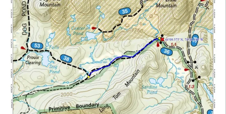 A map showing the path to the end of the Sucker Brook Road trail.