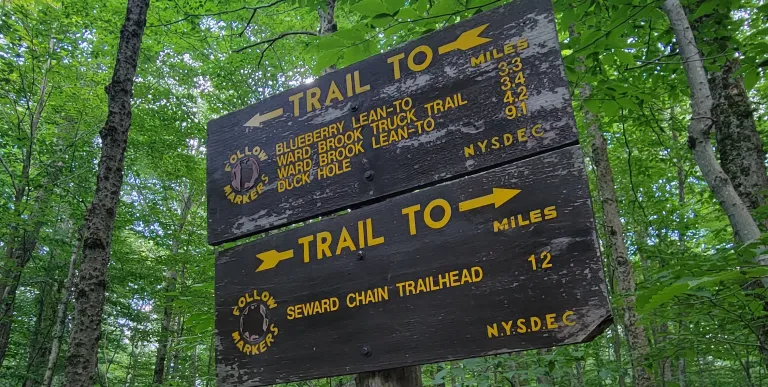 A wooden trail sign for the Blueberry lean-to