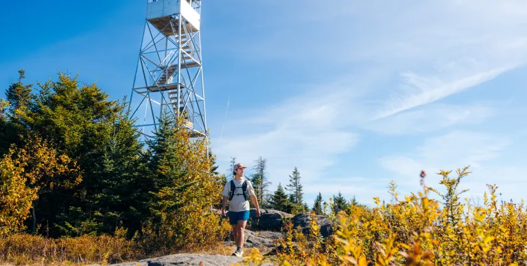 The view of a hiker in front of a fire tower