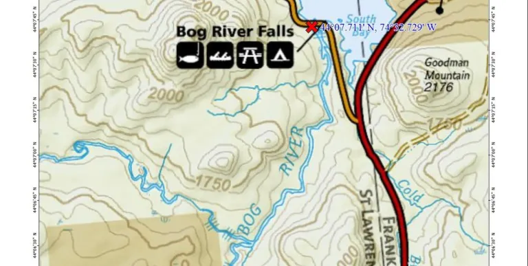 A map of two main roads and a large body of water