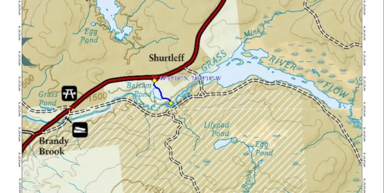 A map showing a main road and some waterways