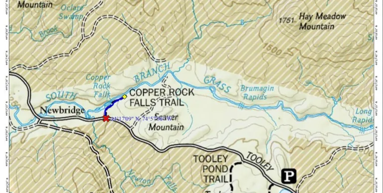 A map with rivers and roads and a couple hiking trails