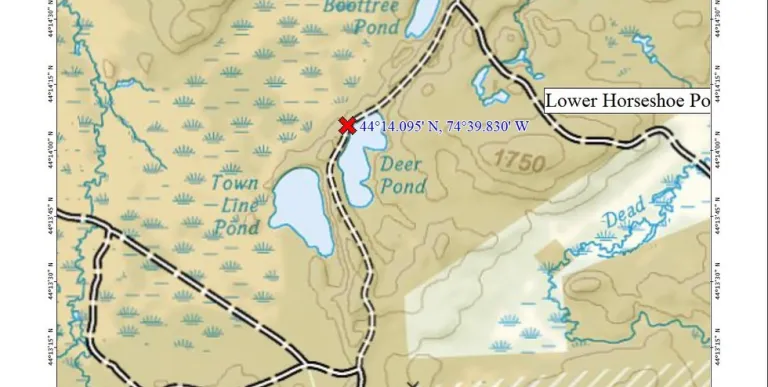 A map with some roads and ponds