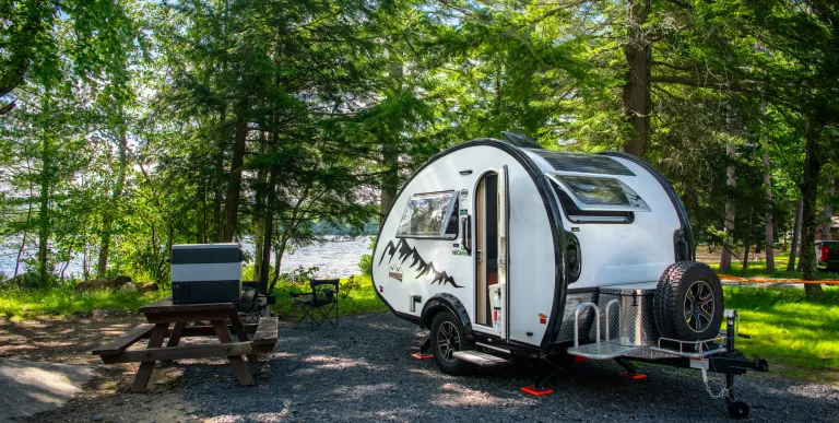 A camper at Lake Eaton Campground