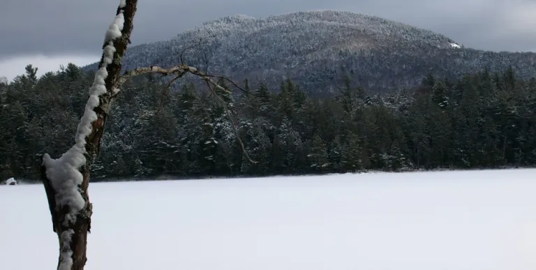 Frozen Stony Creek Ponds with the view of a mountain.