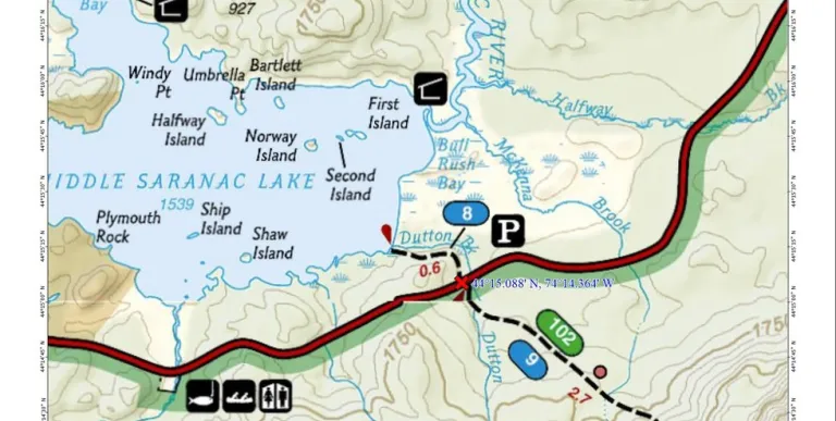 A map showing a trail to a beach
