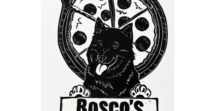 An illustration of a black fluffy dog in front of a pizza on a pizza paddle