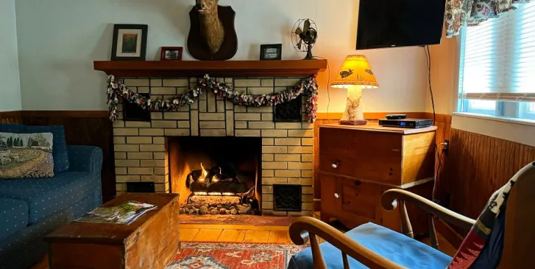Cozy living space with fireplace and ample seating.