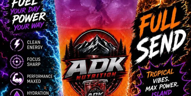 A layered purple and orange colored liquid in a clear cup with ice labeled Full Send offered at JET ADK Nutrition