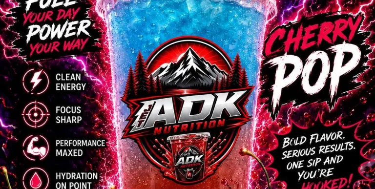 A layered blue and red colored liquid in a clear cup with ice labeled Cherry Pop offered at JET ADK Nutrition